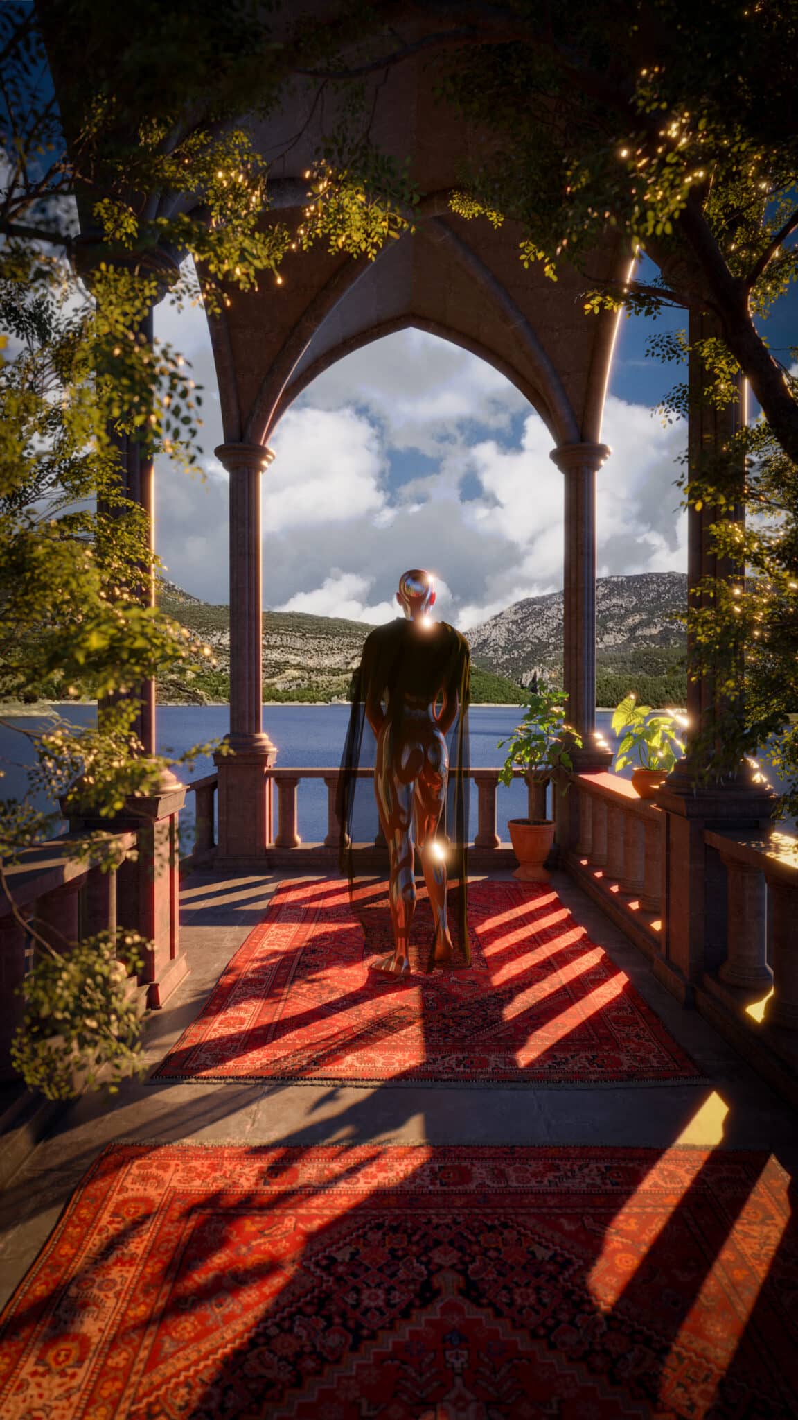 a person standing on a balcony overlooking a body of water